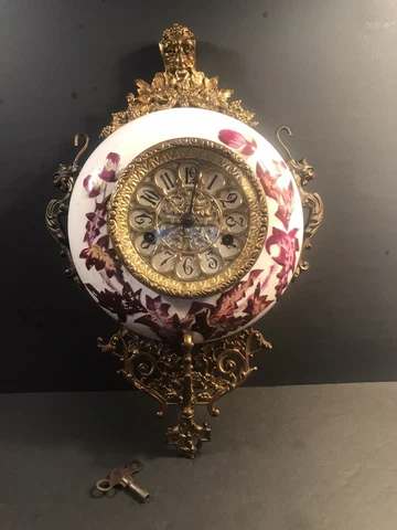 Antique french bronze and porcelain wall clock/Gilt bronze/France C.1900/Painted Cover