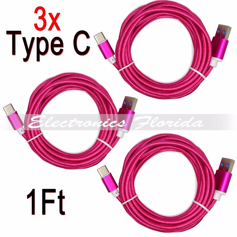 Lot 3x 1FT  Nylon Braided Rope USB-C Type-C Data Sync Charger Charging Cable - Image 1 of 1