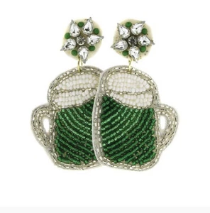 ST. PATRICKS DAY GREEN BEER MUG DANGLE SEED BEAD RHINESTONE FELT BACKED EARRINGS - Picture 1 of 1