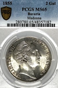 German States Bavaria 1855 Two Gulden Coin Thaler PCGS MS 65 STG UNC/BU MADONNA - Picture 1 of 3
