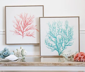 Hamptons Coral 2 set Aqua Pink Framed Canvas Print Wall Art Coastal 50x50cm - Picture 1 of 3