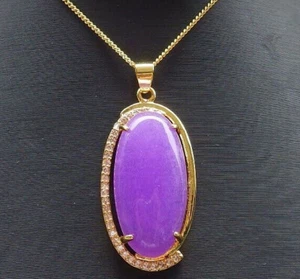 Genuino Púrpura Jade Cabujón Ovalado Circonita Cúbica 18KGP Colgante Cadena Collar - Imagen 1 de 4