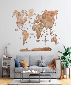 Wood World Map Wall Art Large Wall Decor - 3D World Travel Map (M L XL) UK only - Picture 1 of 19
