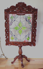 Rare Ornate Antique Stained Glass Window Wood Framed on Stand 63" x 33" Vintage