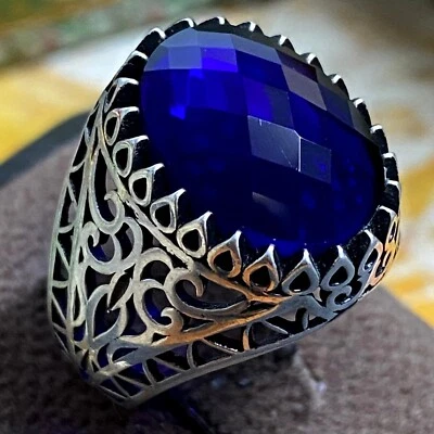 Anillos hechos a mano para hombre de plata de ley 925 circonita azul anillo unisex para hombre joyería Foto 1 de 4