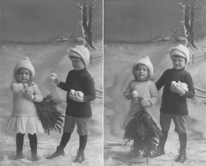 SET OF 2 RPPC POSTCARDS OF CHILDREN IN SNOW WITH SNOWBALLS & PINE BOUGH 091425 U - Picture 1 of 5