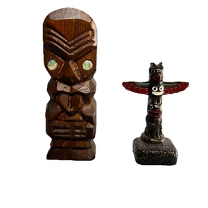 2 Carved Wooden Tiki Wood Carving Totem Statue Polynesian Home Decor - Picture 1 of 8
