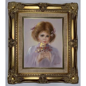 Portrait Ölgemälde eines kleinen Mädchens mit Blumen. Signiert von Kennisey - Bild 1 von 8