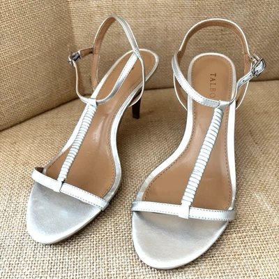 Talbots Womens Silver Open Toe 3" Slingback T-Strap Pumps Heels Sandals Size 9 B - Image 1 of 4