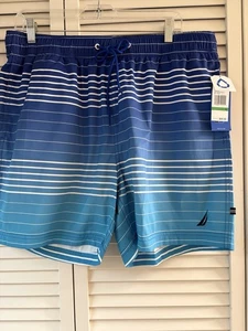 Nautica blau weiß gestreift Herren Kordelzug Logo Badehose Boardshorts L, Neu mit Etikett - Bild 1 von 13
