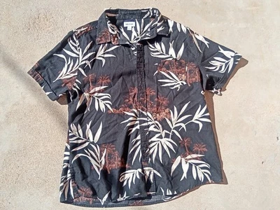 Camisa Haggar Para Hombres XL Abotonada Informal Hawaiana Negra Marrón Hojas de Palma Foto 1 de 4