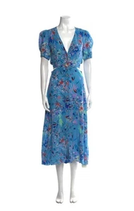 Saloni Lea Midikleid Cutout blau Seide Blumen US 8 Gold Katze Knopfleiste vorne - Bild 1 von 11