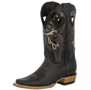 Mujeres Clásicas Botas de Vaquero Cuero Negro Puntera Cuadrada Dama Botas Vaquera - Imagen 1 de 5