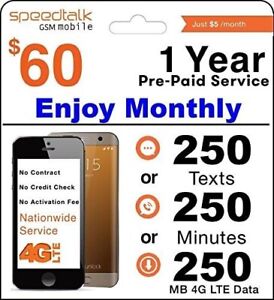$5/Mo. SpeedTalk Prepaid Sim Card Kit No Contract 1Yr. Wireless Smart Phone Plan