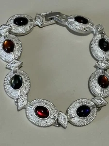 Bracelet silver Tone Oval Link Beads Multi Color Foldover Clasp 8” red purple - Picture 1 of 5