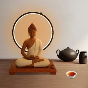Ceramic Buddha Statue with LED Halo & Wooden Base – Unique Home Decor - Bild 1 von 16