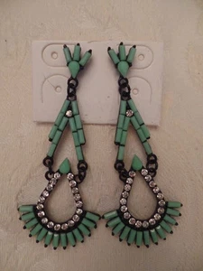 COSTUME JEWELRY DROP EARRINGS Black Metal Art Deco Faux Turquoise Crystals NEW! - Picture 1 of 7