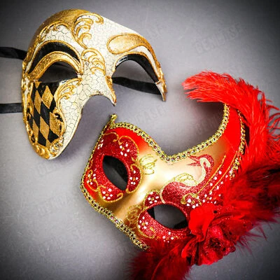 Gold Venetian Phantom Half Face with Gold RED Side Feather Men Women Couple Mask - Image 1 of 4