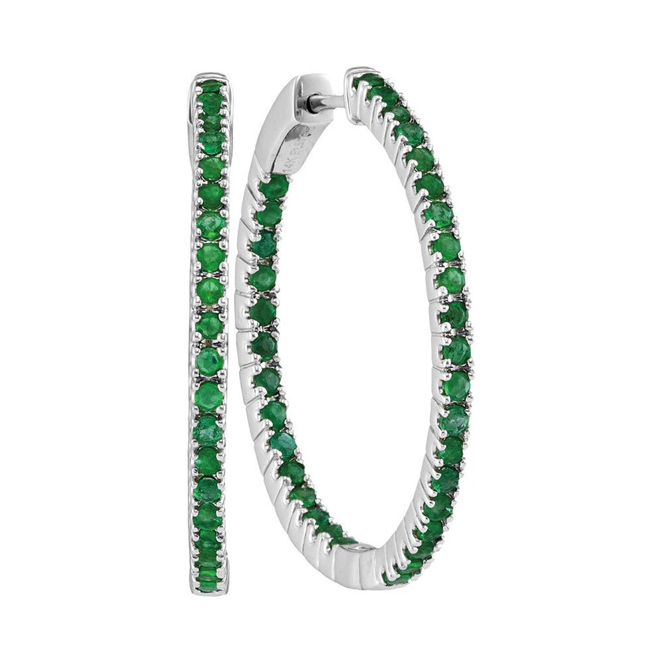 14kt White Gold Womens Round Emerald Hoop Earrings 2.00 Cttw - Image 1 of 1