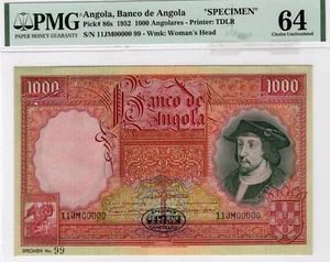 ANGOLA. Banco de Angola. 1000 Angolares, 1952. P-86s. Specimen. PMG Ch UNC 64 - Picture 1 of 2