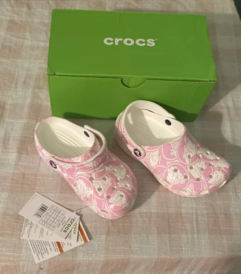 Crocs Girls Classic Duke Print Clogs Pink/White Sz J1 NEW - Image 1 of 4