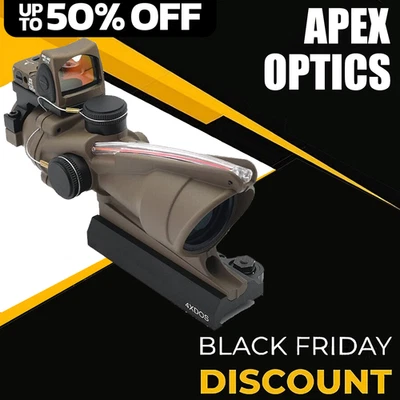 APEX SPORTS OPTICS ACOG 4x32 ECOS FDE Scope w/ Fiber optlc sight Red Crosshair w/ 3.25 MOA RMR New
