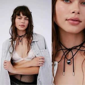 Free People Darling Heart Necklace Black NWT Choker Valentine’s Day Bow Punk - Picture 1 of 16