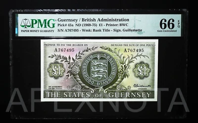 [A-PREFIX] GUERNSEY 1 POUND 1969 1975 P45 PMG 66 GEM UNC EPQ BRITISH 1ST ISSUE - Image 1 of 2