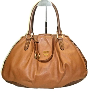 MCM Brown Gently Pleated Leather Stitching Detail Satchel Shoulder Bag Near MINT - Picture 1 of 16