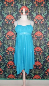 Vintage 90's Y2K Turquoise Empire Waist Pointy Hem Fairycore Glitter Party Dress - Picture 1 of 7
