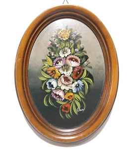 Cadre Ovale Huile Bouquet de Fleurs Nature morte Signée Elena 21 x 16 cm - Picture 1 of 5