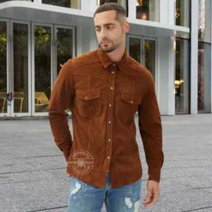 Men Slim Fit Solid Casual Brown Shirt Adjustable Collar Casual Retro Soft Real - Picture 1 of 5
