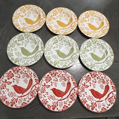 "Juego de 9 platos de cena para ensalada Pier 1 Imports verde amarillo rojo pájaro 8,25"" gres" Foto 1 de 4