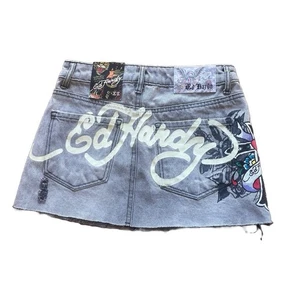 insane deadstock y2k grey denim ed hardy low rise mini skirt new with tags - Picture 1 of 5