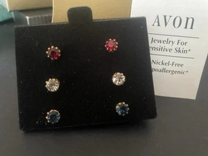 Vtg AVON Crystal Stud Earring Trio Set of 3 Red White Blue Gold Tone NOS - Picture 1 of 1