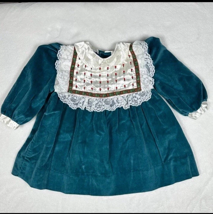 Винтажное зеленое велюровое платье с вышитыми розетками на атласном воротнике, 12 месяцев - Изображение 1 из 4