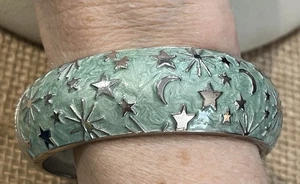 Bracciale Cerniera Vintage Tono Oro Verde Menta Smalto Luna Stella Sole Novità Morsetto - Foto 1 di 6