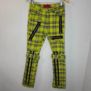 Tripp NYC Neon Lime Plaid Bondage Pants Stretch Gothic Sz 28 - Picture 1 of 14