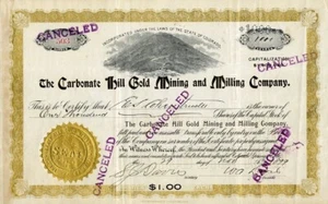 1899 Carbonate Hill Gold Mining & Milling  Stock Certificate (Cripple Creek) - Picture 1 of 1