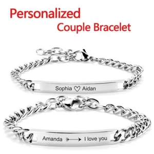 Personalized Free Engraving Stainless Steel Bracelet Chain Name Women Men Gifts - Photo 1 sur 13