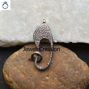 Natural Pave Diamond Lobster Clasp Lock 925 Solid Silver Finding Jewelry Making - Picture 1 of 4
