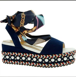 Rebecca White Blue Leather Wedge Sandals UK 6 RRP EUR 36 £125 - Picture 1 of 5