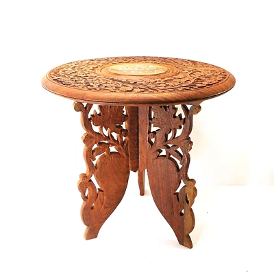 Soporte de teca plegable tallado a mano vintage diseño floral e incrustación India 12,75" Foto 1 de 4
