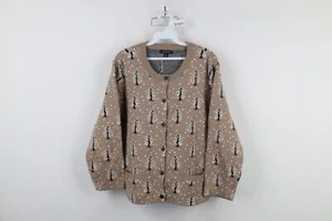 Vintage Lands End Womens Size XL Snow Tree All Over Print Knit Cardigan Sweater - Picture 1 of 11