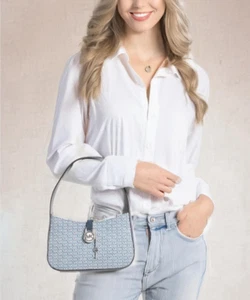 MICHAEL KORS LYRA SMALL LOGO EMBOSSED WASHED DENIM POCHETTE IN LT DENIM - Picture 1 of 8