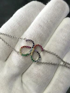 Platinum Sterling Silver Rainbow Sapphire Butterfly Design Halo Stack Bracelet - Picture 1 of 12