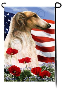 Patriotic Flowers Garden Flag - Sable and White Borzoi - Picture 1 of 1