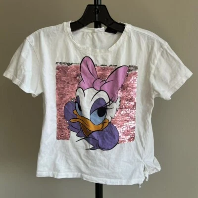 Zara Disney Girls Pink Sequins Size 11/12 T-Shirt 100% cotton White - Image 1 of 4