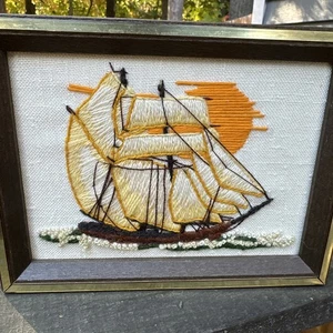Nautical Clipper Ship Sunset 6”x 8”Framed Cross Stitch Needlepoint Wall Art 1977 - Picture 1 of 7