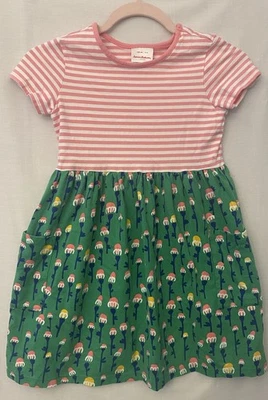 Hanna Anderson девочек платье, размер 8, розовый и белый штамп, зеленый цветочный с карманами - Изображение 1 из 4